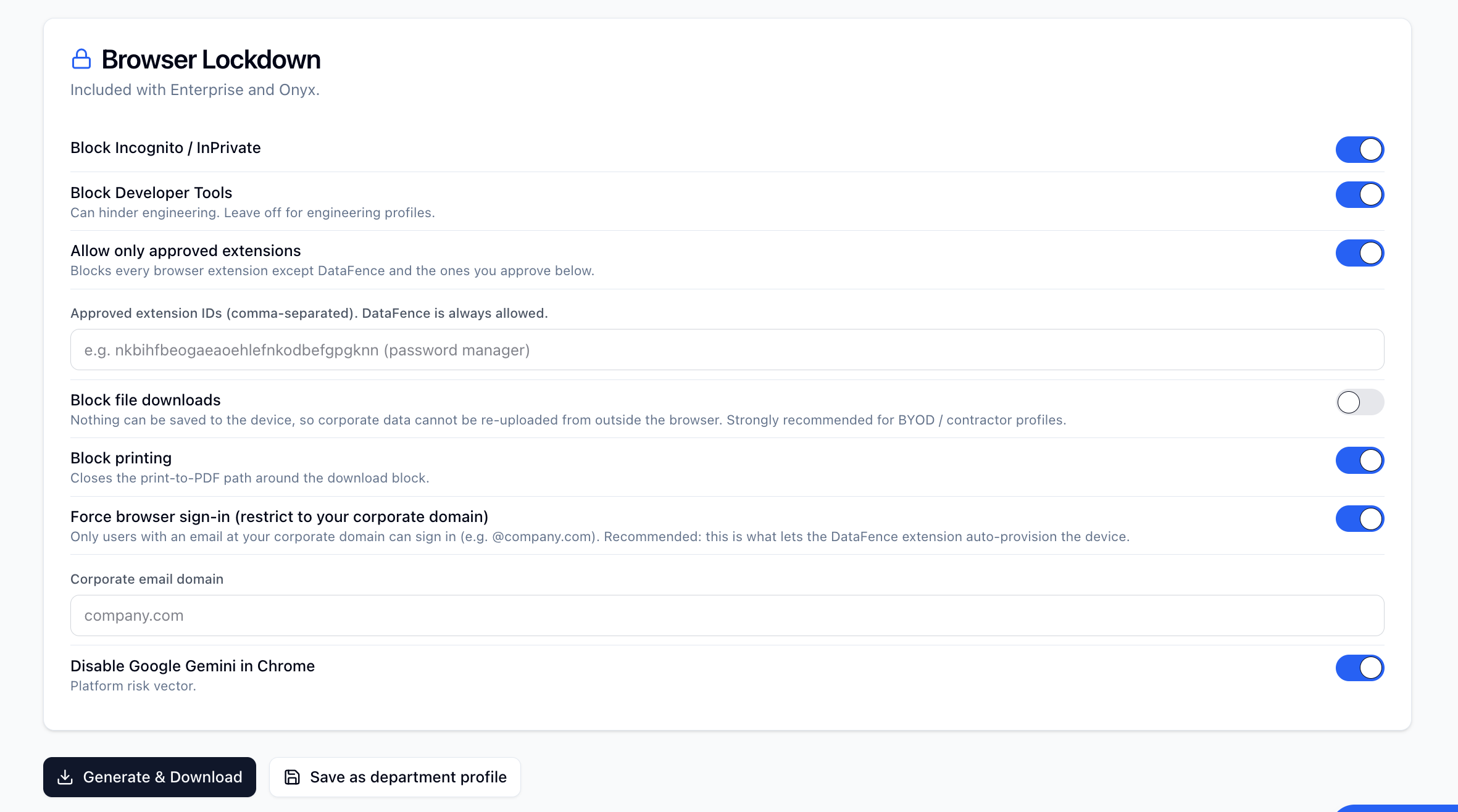 DataFence advanced MDM profile builder showing browser lockdown toggles for blocking incognito, developer tools, unapproved extensions, file downloads and printing, forcing corporate-domain sign-in, and disabling Google Gemini in Chrome