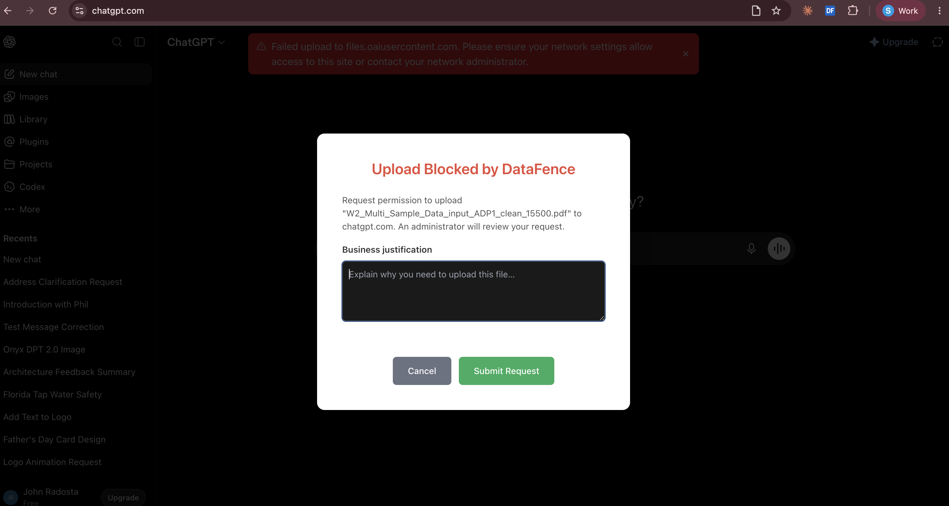 A DataFence block notice on chatgpt.com reading Upload Blocked by DataFence, asking the user to request permission to upload a W-2 PDF, with a business justification field and a Submit Request button.
